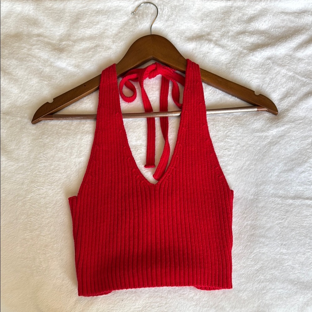 La Hearts Red Ribbed Tie Front Crop Tank Top